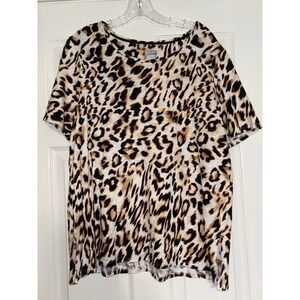 Chicos Shirt Womens Size 2 Brown Leopard Print Short Sleeve Button Accent Top